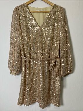LOFT Gold Sequin Mini Dress Balloon Sleeve Tie Waist Holiday Party Med Evening